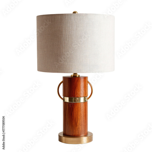 Elegant wooden table lamp with a round, linen lampshade and metal accents