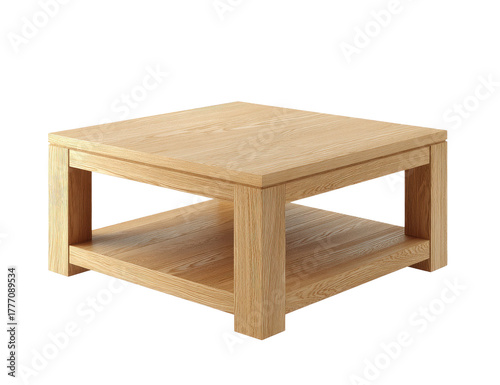 A square wooden coffee table, with a lower shelf, isolated on a black background