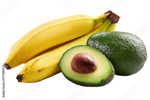 Bunch of bananas and a whole and halved avocado on a transparent background