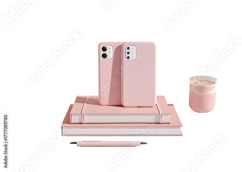 Two phones, notebooks, pen, and beverage in pink, against a black backdrop