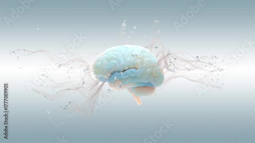 Brain revolve around oneself seamless loop simulation. Curving line or nerves moving away from brain. Animation resembling tree root that gradually branched out with scattered movement. 3D Render.