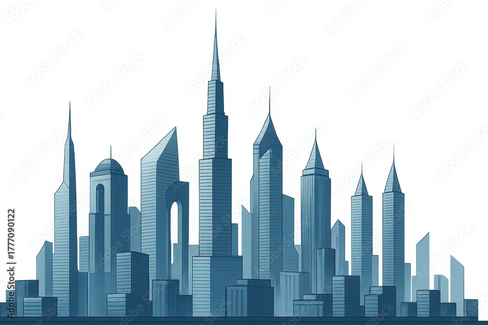 Obraz premium Modern city skyline with futuristic skyscrapers and tall buildings in a cool blue palette isolated on transparent background
