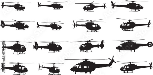 Illustration of collection of helicopter silhouettes showcasing different models and designs in a simple and clean style