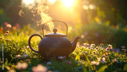 Fototapeta Naklejka Na Ścianę i Meble -  Steaming teapot in a sunlit meadow of wildflowers