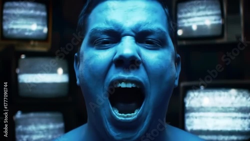 Blue-toned man yelling in front of vintage TVs, conveying anger or frustration; used for drama