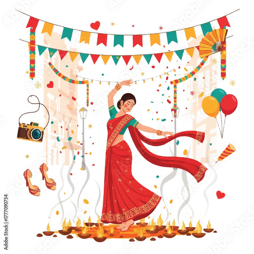 A woman in traditional attire gracefully dances amidst festive decorations and lights.