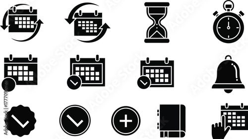 Alarm clocks solid icons set – flat, filled, time management and reminder tools
