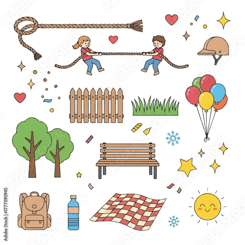Playful illustration of children tugging rope, park elements, and picnic items.