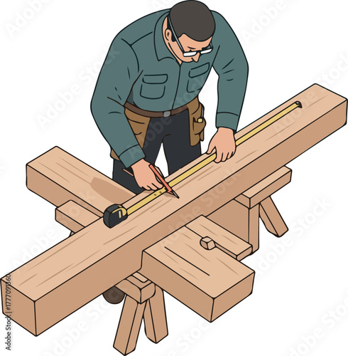 Carpenter Measuring Wood Beam with Tape Measure on Sawhorses