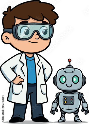 Cartoon Scientist Boy Blue Shirt White Lab Coat Goggles And Robot Companion