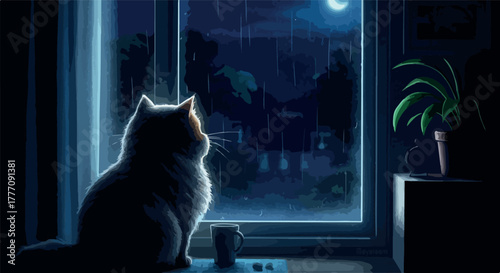 Cat Gazing Out Window At Rainy Night Moonlit Sky