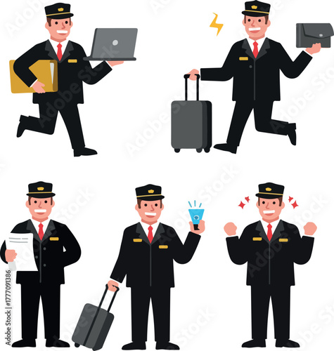 Chauffeur Character Poses With Luggage Laptop And Briefcase Flat Design