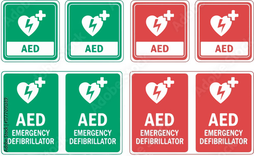 AED Emergency Defibrillator Sign Vector Icons Set Red and Green Isolated on White Background