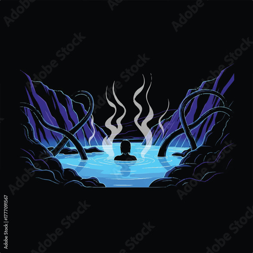 A person submerged in blue water surrounded by tentacles and steam in a dark cave.