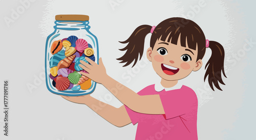 Cheerful Young Girl Holding Jar Full of Colorful Yarn Balls