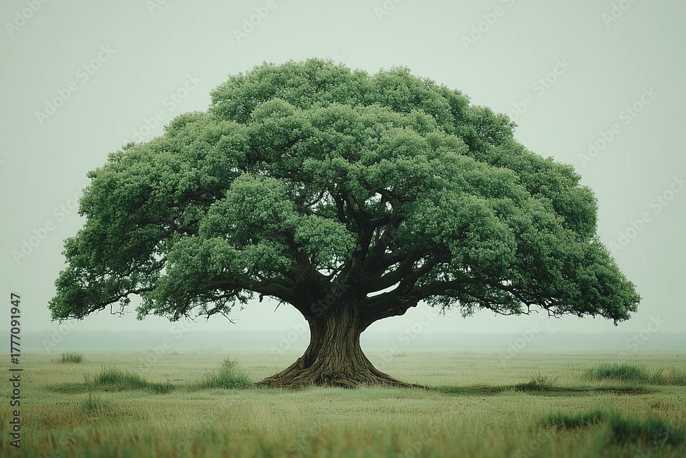 Fototapeta premium Majestic lone tree in lush green field under overcast sky