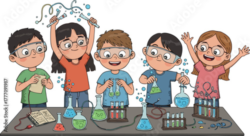 Children In Science Class Performing Experiments With Beakers And Test Tubes