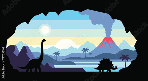 Dinosaur landscape vector art volcano jurassic park illustration