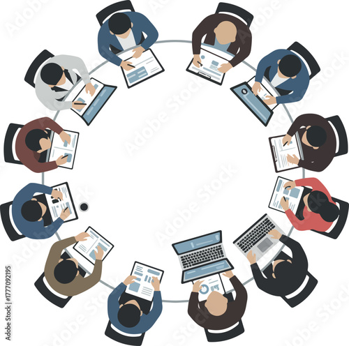 Circular Meeting of Diverse Professionals with Laptops and Documents