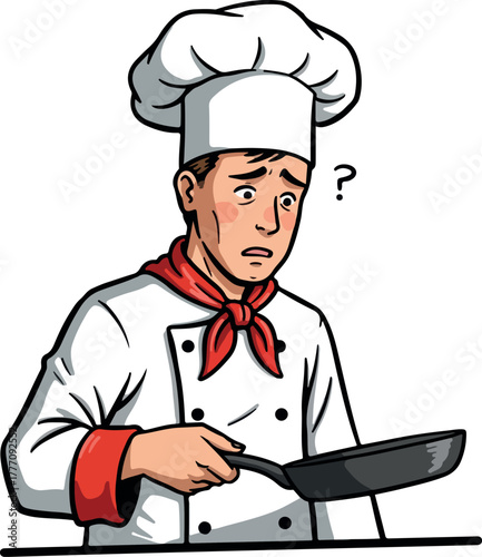 Confused Chef Holding Frying Pan White Hat Red Scarf Uniform Isolated