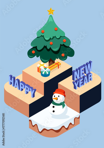 Happy new year celebration isometric vector style. Decorated with Christmas tree, gift boxes, snowman