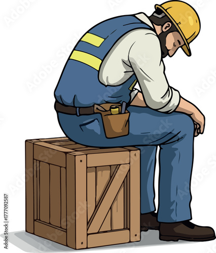 Construction Worker Blue Overalls Yellow Hard Hat Sitting On Wooden Crate Sad
