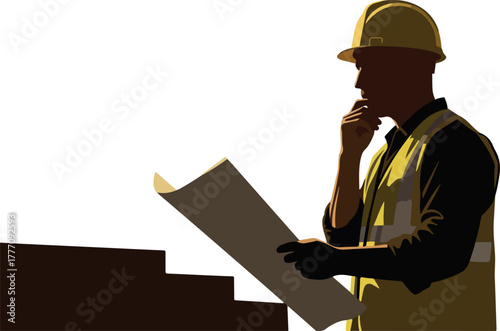 Construction worker in hard hat reviews blueprint plan outdoors bright sunlight