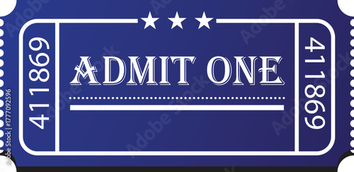 Admit one ticket isolated transparent background. Blue Admit Ticket. Bold Entry Pass with Stars and Numbered Design