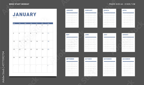 2026 Calendar Planner Set of new Template 12 Monthly Page for Corporate or Personal use. Vector layout grid vertical of wall or desk organizer with week start Monday for print. Pages size A4-21x29.7