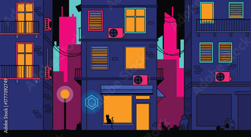 Night cityscape illustration with cats and buildings vector art