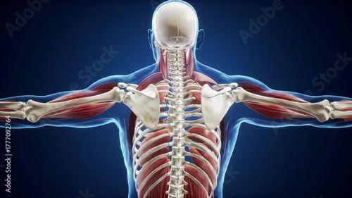 Human musculoskeletal system in medical model, blue background for anatomy study and education
