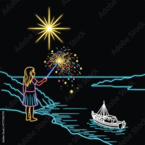 A young girl conjures fireworks with a magic wand near the ocean at night.