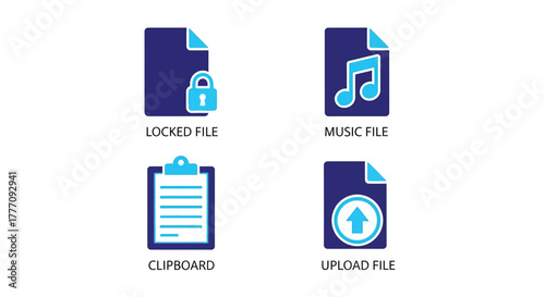 Vector illustration of collection of file icons, including locked file, music file, clipboard, and upload file, representing various digital documents and actions