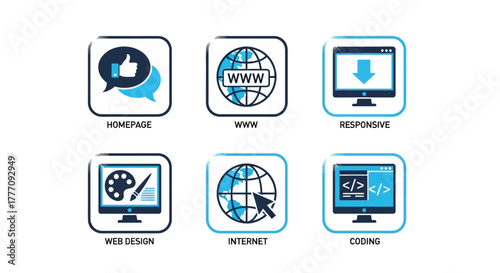 Vector illustration of collection of web development icons, featuring homepage, www, responsive design, web design, internet, and coding, representing various aspects of website creation