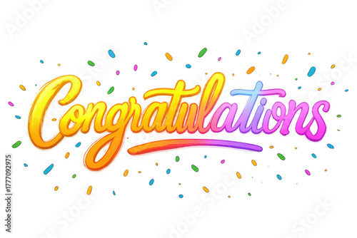 Colorful rainbow gradient text congratulations with falling confetti isolated on transparent background