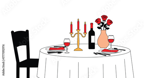 Romantic dinner table setup with wine roses and candlelight vector