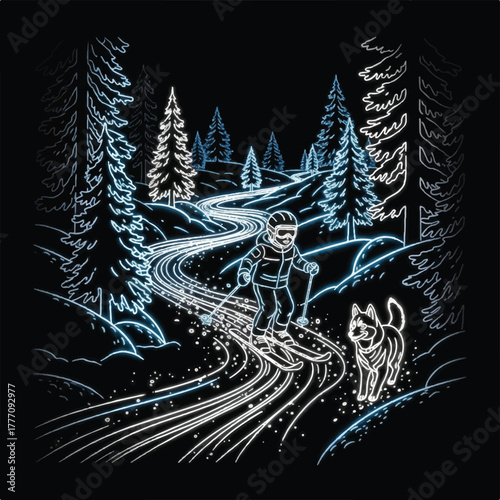 A skier glides down a snowy mountain path with a loyal dog companion in a winter wonderland.