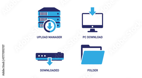 Vector illustration of set of download icons, concept of upload, manager, pc, folder, server, and data transfer flat design style vector illustration for web and mobile