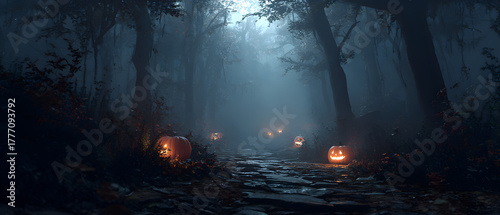 Mysterious Forest Path Illuminated by Lanterns.