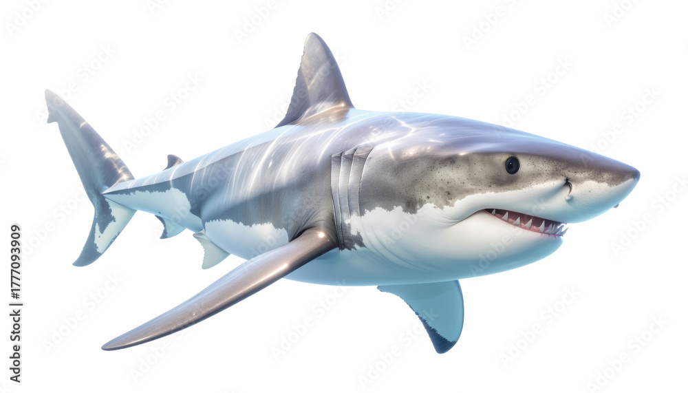 Naklejka premium 3D render of a great white shark swimming isolated on PNG transpaernt background. 