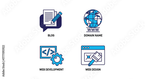 Vector illustration of illustrations of blog, domain name, web development, and web design icons, representing various aspects of web presence