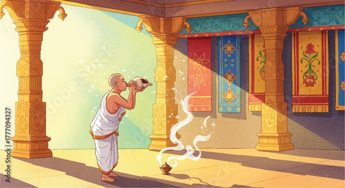 A serene illustration depicts a robed figure blowing a conch shell in a temple setting, with colorful tapestries.