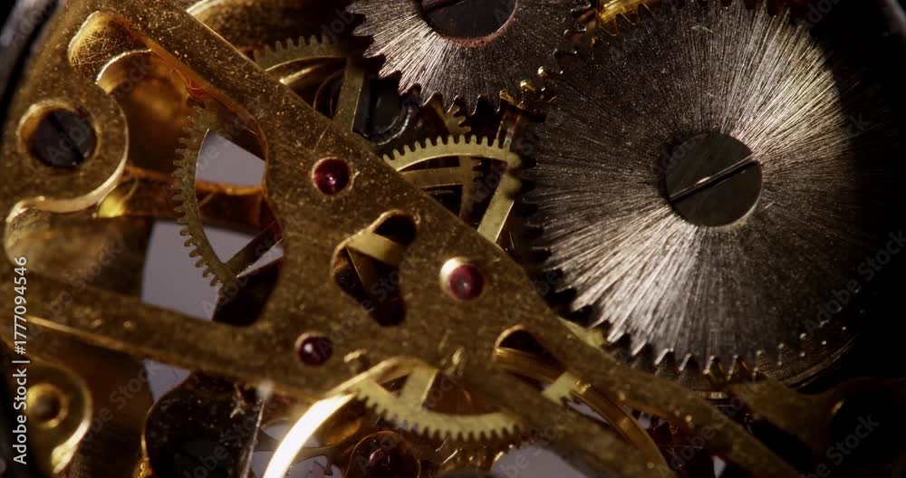 A macro, looping video shows the intricate, rotating gold and silver gears of a clockwork mechanism. The internal cogs and wheels turn precisely together.