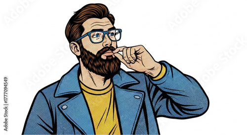 Young man pondering with glasses and beard in colorful outfit  