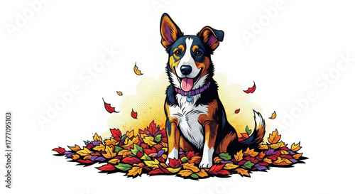 Dog sitting in colorful leaves during autumn season  
