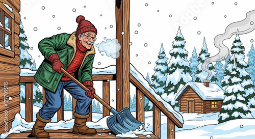 Elderly man shoveling snow on porch of cabin in winter landscape  