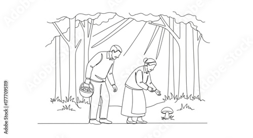 Elderly couple foraging mushrooms in forest with sunlight filtering through trees  
