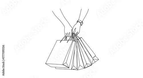 Hands holding multiple shopping bags in minimalist line art style  