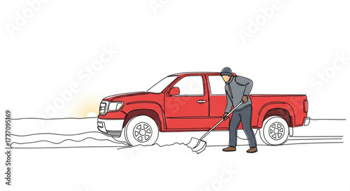 Man shoveling snow next to red pickup truck in winter scene  