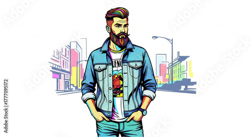 Hipster man with beard wearing denim jacket in urban street scene  